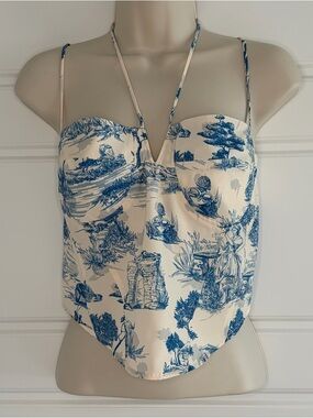 Cider Blue and White Toile de Jouy Corset Top Spaghetti Strap Zipper Back Sz XL